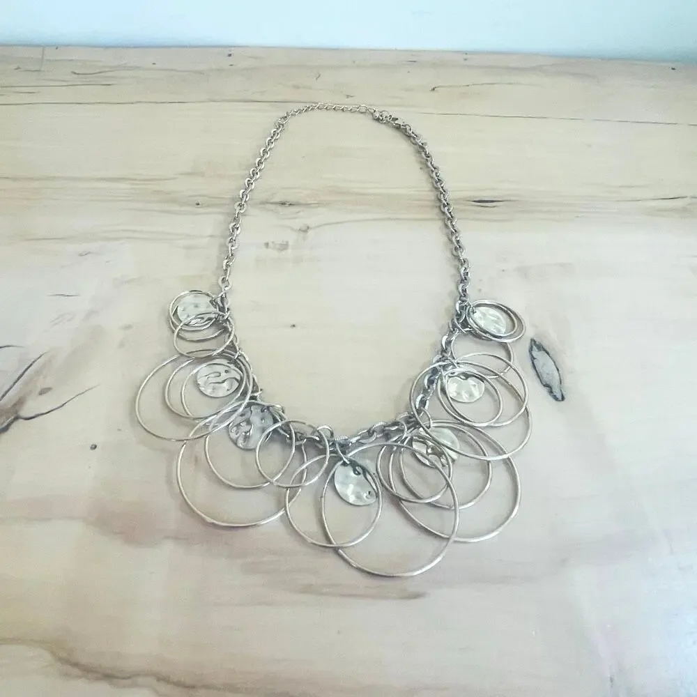 Vtg Hammered Disc Circle Retro Statement Necklace Link Chain Modernist